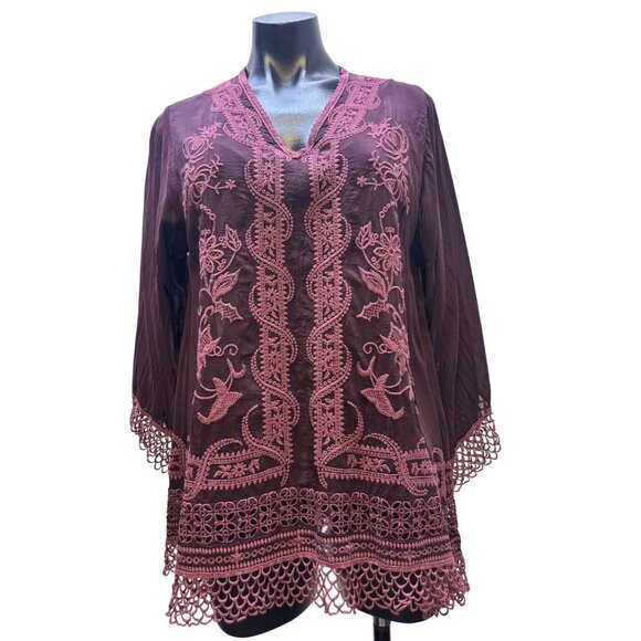 Johnny Was Embroidered Silk Blouse Maroon S - Picture 1 of 6